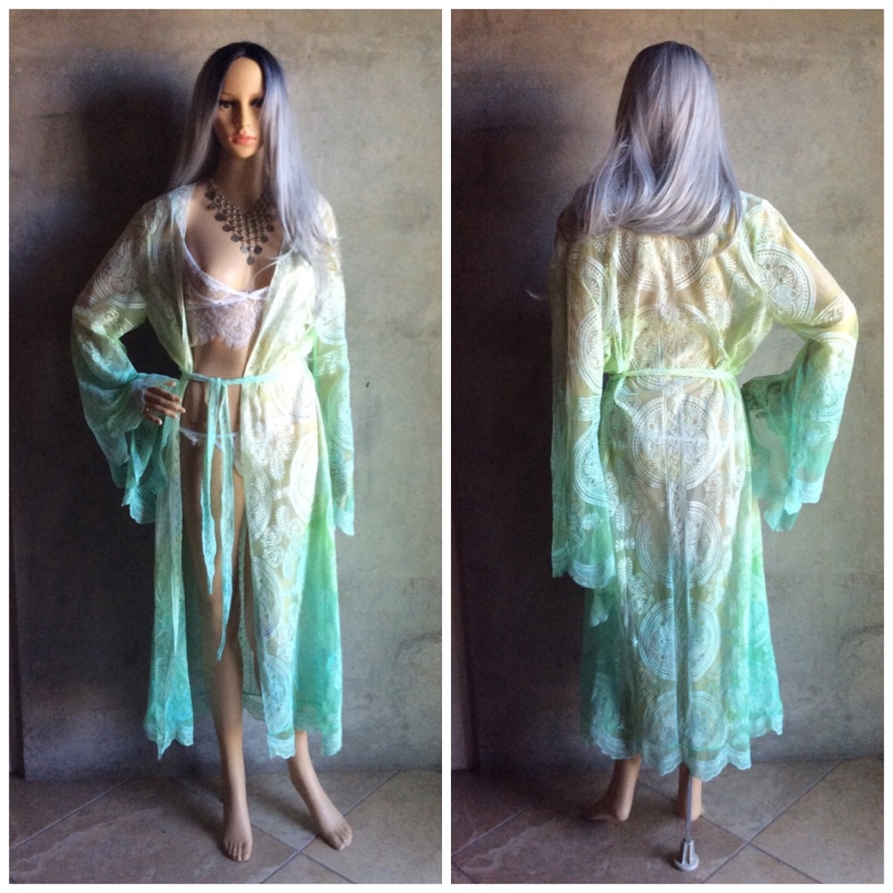 🌸 KIMONO ROBE CARDIGAN BELL SLEEVE OMBRE GREEN GYPSY BOHO CHIC BOHEMIAN FLARE - Picture 5 of 8